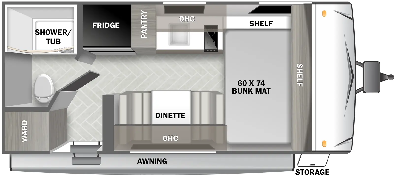 The X-Lite Southwest T158FBCE floorplan has one entry and zero slide outs. Exterior features include: metal exterior. Interiors features include: front bedroom.